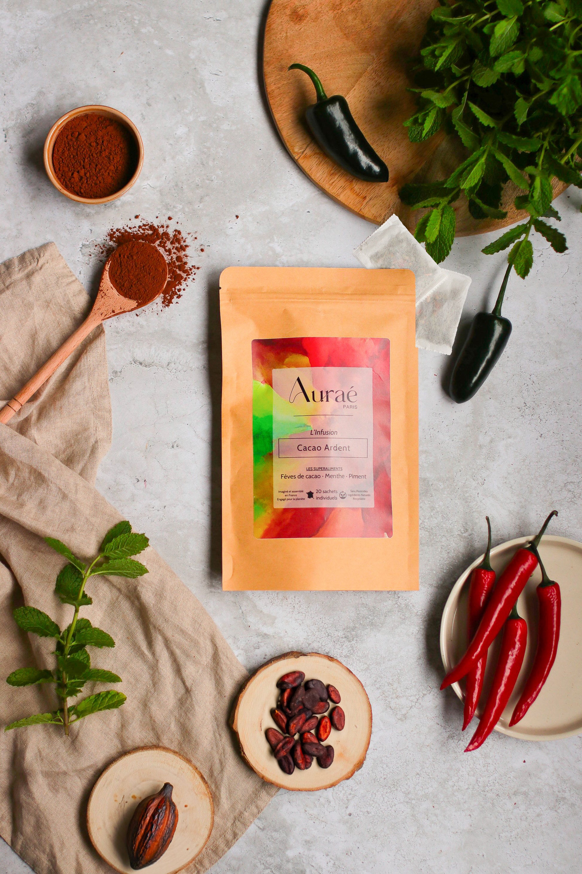 Cacao Ardent 20 sachets individuels - Infusion Feves de Cacao, Menthe, Piment