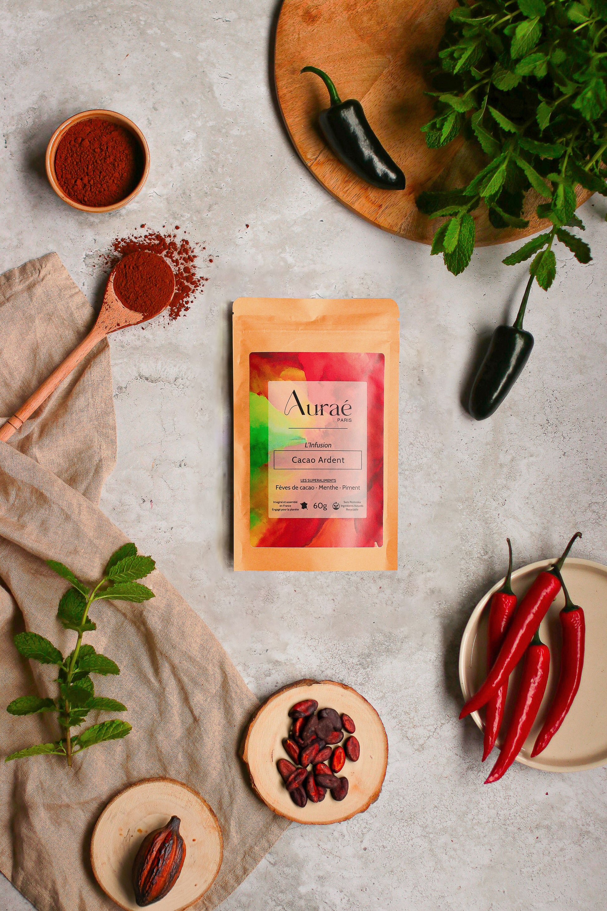Cacao Ardent 60g - Infusion Feves de Cacao, Menthe, Piment